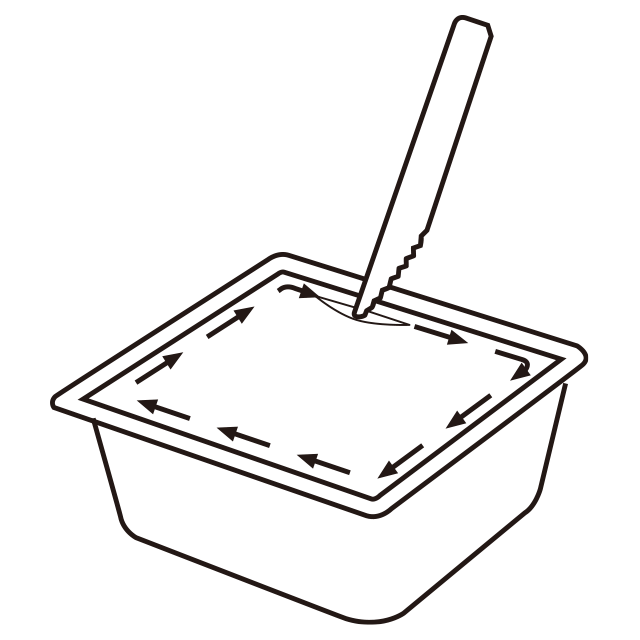 シール面がはがれにくい時は添付のナイフをご利用ください。図2のようにカップの内側に沿ってシールを矢印の方向に切り取ってください。